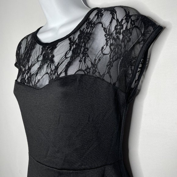 Rock Steady Retro Black Stretch Jersey Floral Mesh Lace Fit Flare Dress - Picture 6 of 8